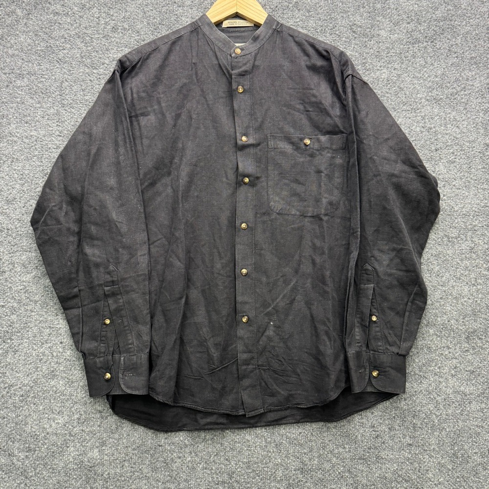 AXXA Linen Cotton Button Shirt Mens 15.5 34-35 Black Long Sleeve Band Collar
